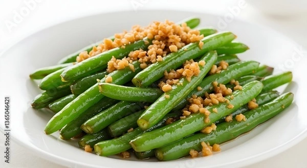 Fototapeta A serving of stir-fried Chinese green beans with garlic on a white dish