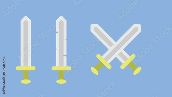 Fototapeta A flat vector illustration featuring a set of swords on a light blue background. The set includes two single swords standing vertically and one pair of swords crossed.