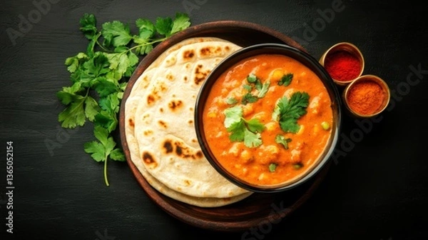 Fototapeta Delicious Indian Curry with Fresh Cilantro, Soft Flatbread, and Spices Served in Bowls on a Rustic Wood Background