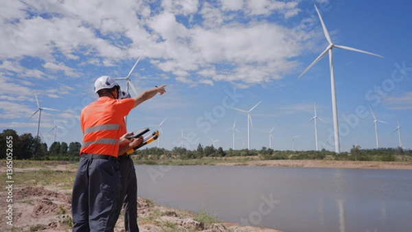 Fototapeta In a wind farm, two Asian inspectors are reviewing data on a tablet and clipboard to analyze system performance and blade rotation at varying wind speeds. Engineer Wind Turbine.