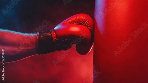 Fototapeta Close-Up of a Red Boxing Glove Striking a Heavy Bag in Dynamic Lighting with Smoke Effects in an Intense and Energetic Atmosphere