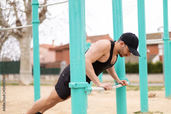 Fototapeta Man doing incline push-ups using bar outdoors.