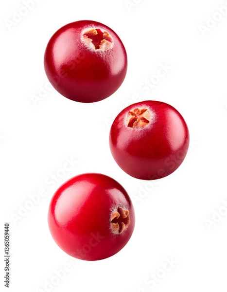 Obraz three fresh cranberries falling on transparent background