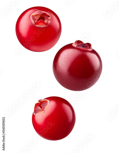 Obraz Three fresh cranberries falling on transparent background