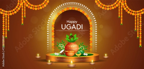Fototapeta Happy Ugadi, New Year's Day according to the Hindu calendar - banner template design including Kalash, banana leaf, green mango, flowers and diya.