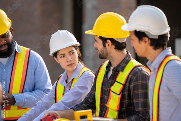 Fototapeta construction, workers. A team of construction engineers talks to managers and construction workers at the construction site. Quality inspection, work plan, home and industrial building design project