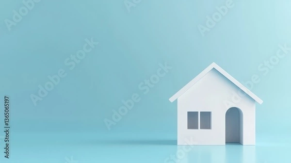 Obraz Minimalist white house on light blue background; 3D model; modern home design; presentation graphic