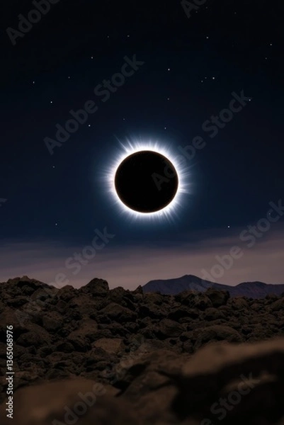 Obraz Eclipse casting shadows over rugged terrain, illuminated corona