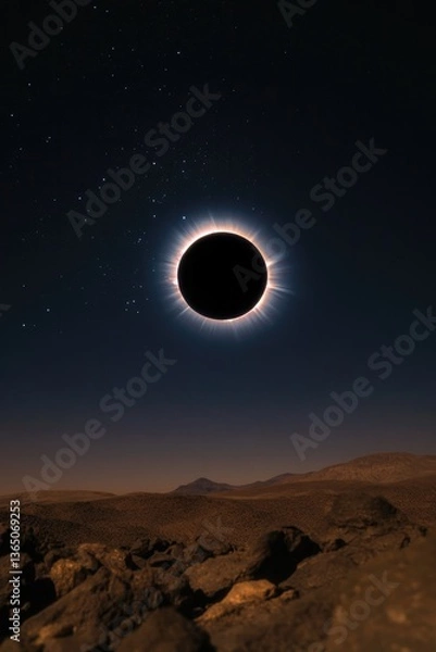 Obraz Eclipse casts shadow over rocky landscape, stars twinkling in da