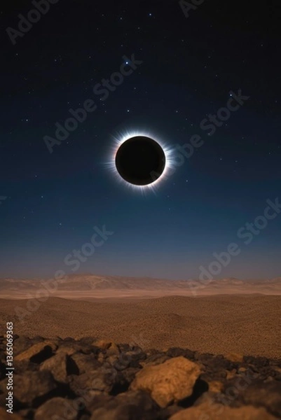 Obraz Eclipse illuminates night sky, casting shadows over rocky landsc