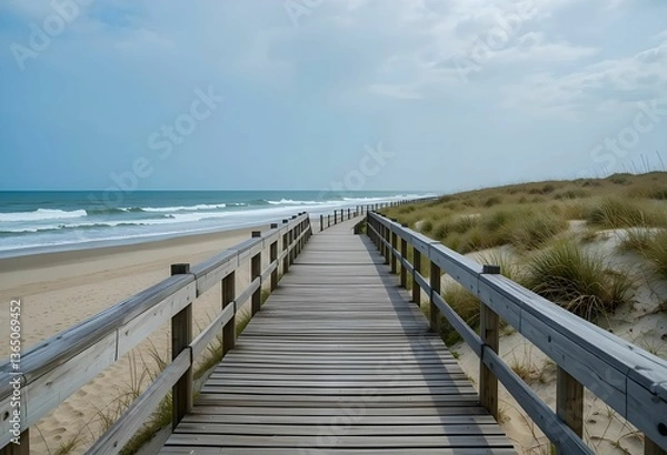 Fototapeta wooden boardwalk with railings leading to sandy beach and ocean waves