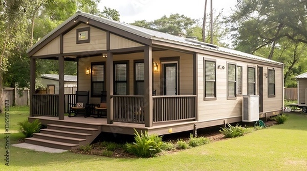 Fototapeta Compact Mobile Home with Front Porch and Modern Aesthetic