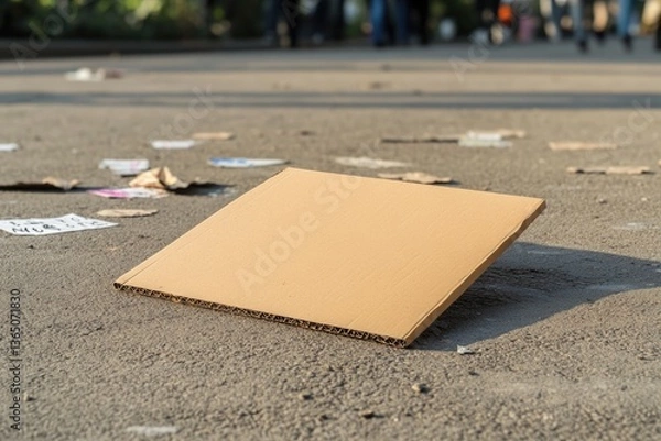 Obraz Empty cardboard sheet resting on pavement, surrounded by scatter