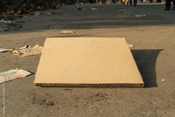 Obraz Flat cardboard piece resting on ground, surrounded by urban debr