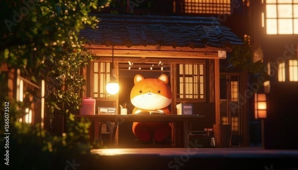 Fototapeta Animated fox sits at desk in cozy wooden house with warm lighting at night