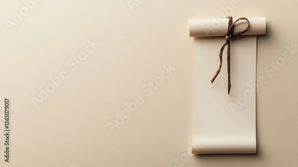 Fototapeta Vintage Scroll Paper Tied with Brown Ribbon on Neutral Background Perfect for Invitations or Stationery Design