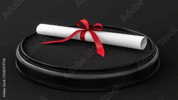 Fototapeta Elegant Scroll with Red Ribbon on a Dark Circular Base Artfully Displayed for Celebratory Occasions and Achievements