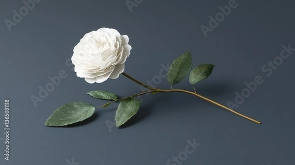 Fototapeta Elegant White Flower with Green Leaves on a Dark Background for Use in Modern Design and Decoration