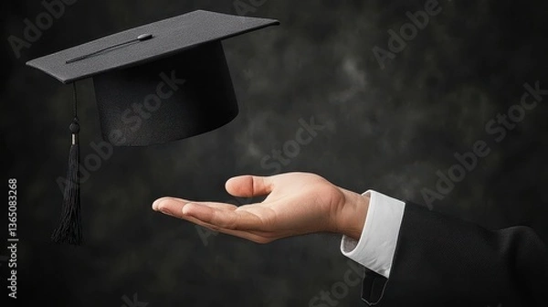 Fototapeta Hand Reaching for Black Graduation Cap Symbolizing Achievement and Success in Academic Journey