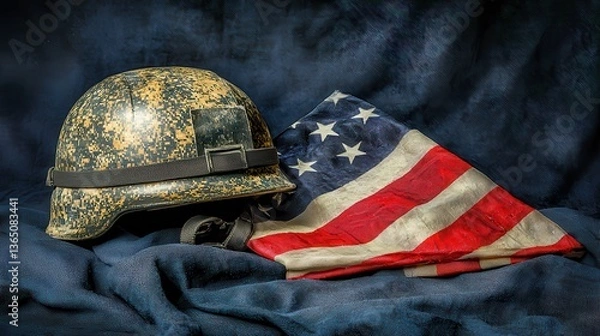 Fototapeta Vintage Military Helmet and American Flag on Dark Background with Texture and Unique Patterns