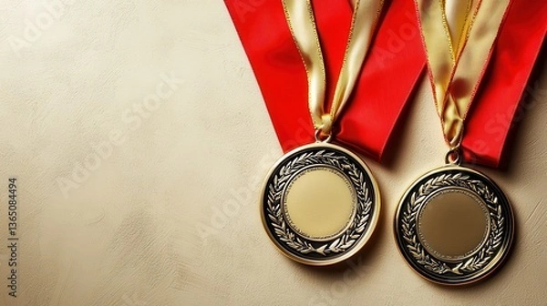 Fototapeta Two Gold Medals with Red Ribbons on Textured Background Perfect for Recognition and Achievement Themes