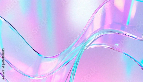 Fototapeta Abstract fluid holographic 3D render with iridescent transparent curved waves on a soft pastel background. Elegant flowing shapes in lavender, peach and blue tones.