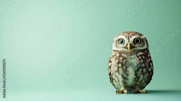 Fototapeta Cute brown owl with big eyes on a soft green background