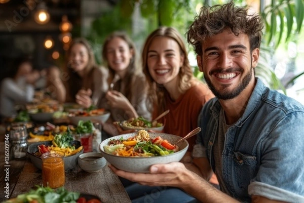 Fototapeta Friends enjoying delicious ramen together in a cozy restaurant setting during lunch