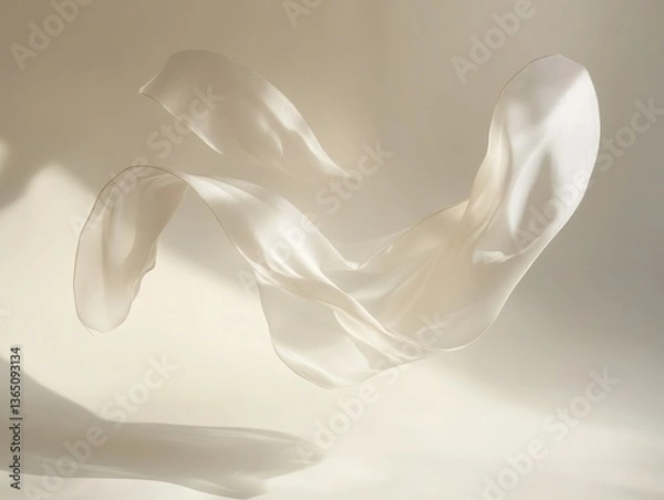 Fototapeta An elegant white sheer ribbon floats gracefully, casting soft shadows and creating dynamic curves, embodying lightness and refined movement in a minimalist setting.