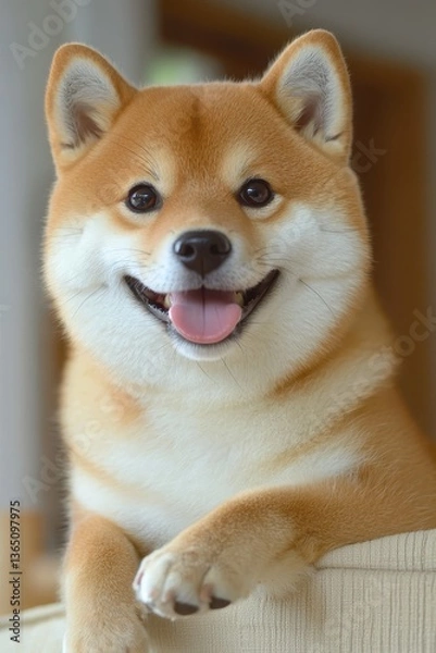 Fototapeta Happy Shiba Inu Dog Smiling at Camera in Cozy Indoor Setting