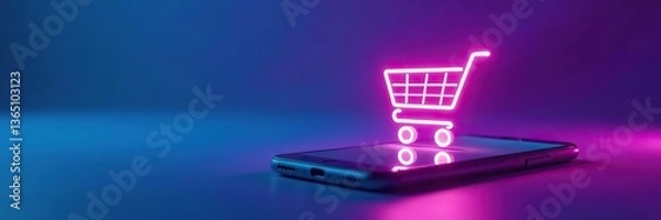 Fototapeta Neon shopping cart symbol hovering over smartphone on vivid blue and purple background,  graphic design,  futuristic