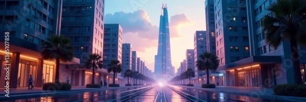 Fototapeta A futuristic skyscraper towering over an empty city street, pavement, skyline, empty