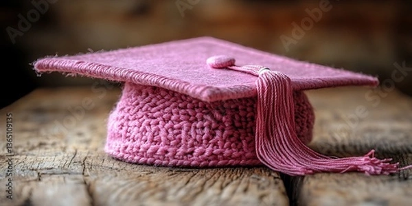 Obraz A pink graduation cap rests on a weathered wooden surface