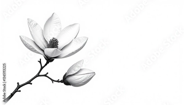 Fototapeta Magnolia flowers drawing in black and white line-art style on white background,  black and white,  drawing
