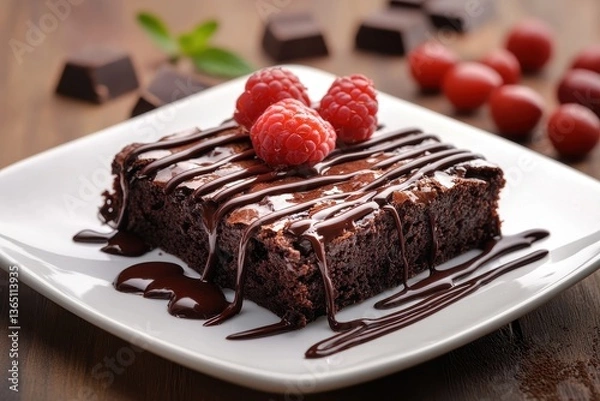 Obraz Chocolate brownie with syrup and raspberries on the white plate. Great for food blog, sweet dessert or baking projects.