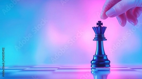 Fototapeta A hand moves a black chess king piece on a colorful, illuminated board, symbolizing strategy and competition in the game of chess.