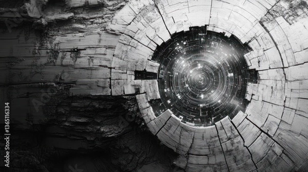 Fototapeta Abstract grey and white technology background with various tech elements, representing high-tech communication.Warm gray wood texture, cut from a tree trunk or stump in detailed black-and-white. --