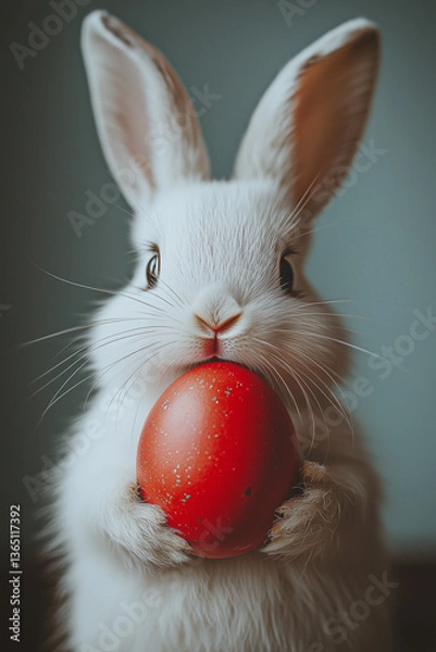 Fototapeta Close-up of white bunny holding red Easter egg and looking at the camera.  Minimal Easter day theme.	