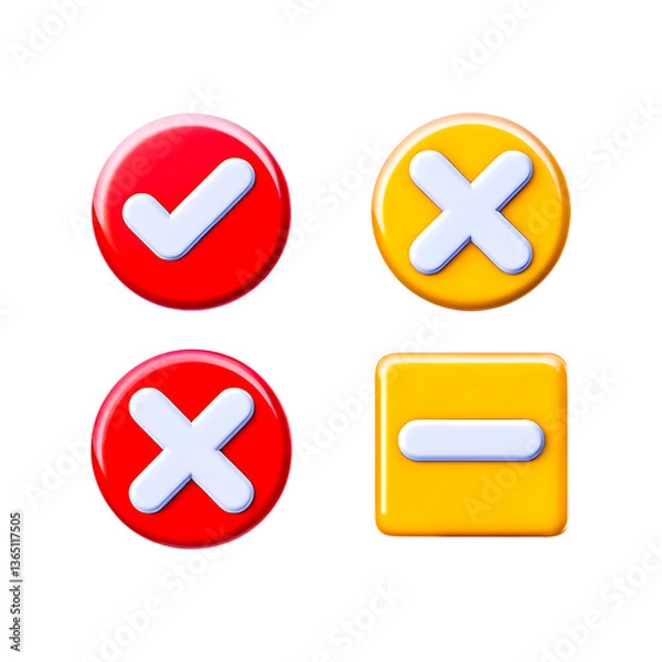 Obraz 3D Glossy Checkmark, Cross, and Minus Icons in Red and Yellow for UI Design, App Interfaces, and Digital Buttons, 3D icons, checkmark icon, cross symbol, minus button, UI design
