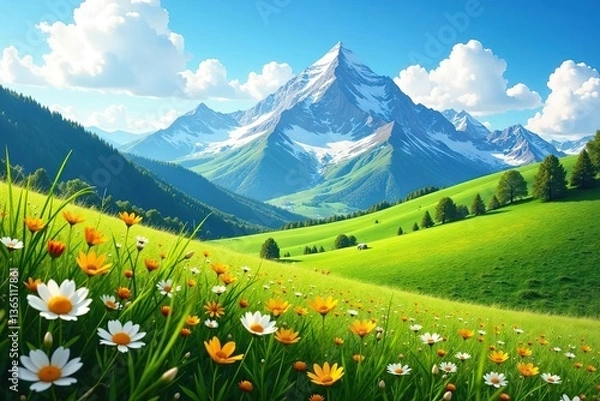 Obraz Rolling hills with blooming meadows, snowcapped mountain peaks, blue sky, clouds, springtime,  blooming,  rolling hills