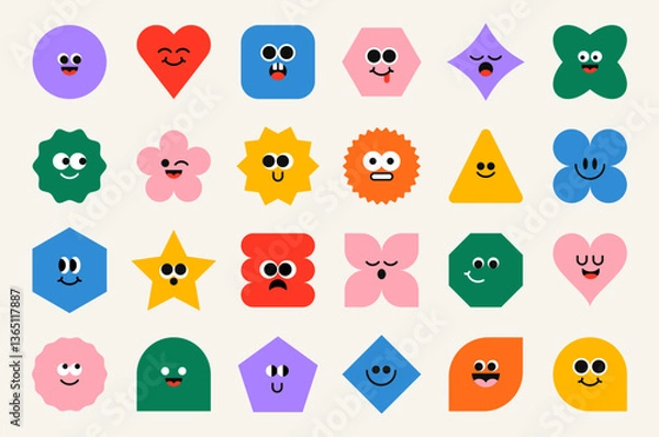 Fototapeta Geometric shapes with cute faces. Funny geometrical figures. Set of basic forms with eyes and mouth. Isolated flat vector illustration.