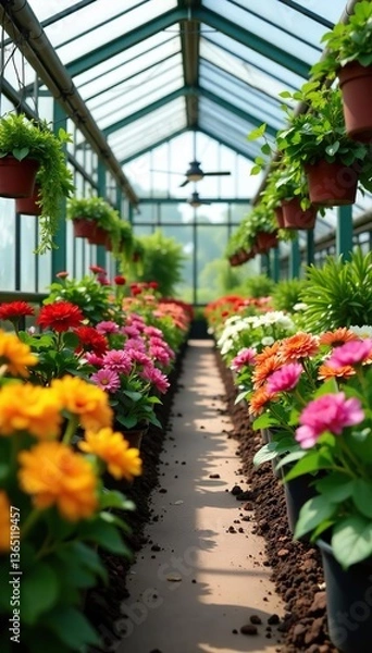 Obraz Large greenhouse full of vibrant flowers and plants available for purchase at a plant nursery,  colorful,  nursery