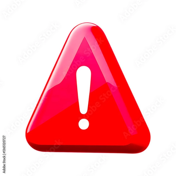 Obraz 3D Glossy Red Warning Alert Icon with Exclamation Mark Representing Caution, Danger, Error, and Attention for UI, Apps, and Web Design, 3D warning icon, red alert icon, exclamation mark
