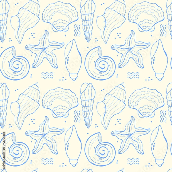 Fototapeta Seamless pattern of hand drawn sea shells on a light coloured background