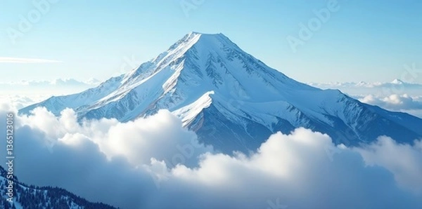 Fototapeta Majestic Mt Baker shrouded in blankets of white snow and swirling clouds, seen from above,  scenic,  landscape
