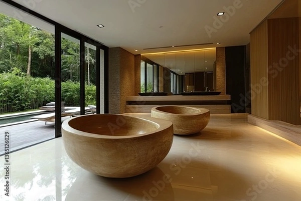 Fototapeta Modern spa bathroom with natural stone tubs.  Tranquil, spacious room showcasing large windows overlooking a lush garden and pool.  Elegant, minimalist design