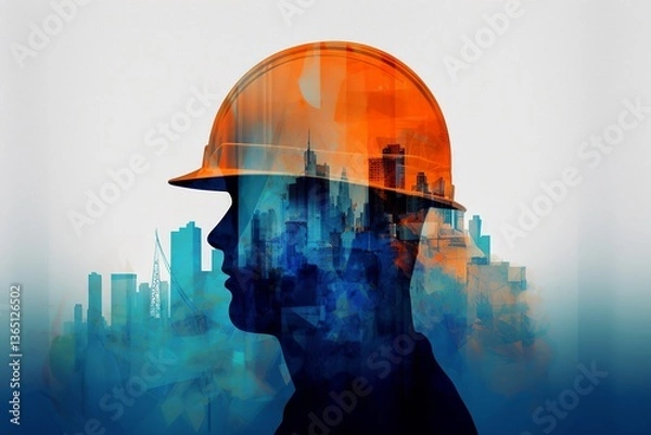 Fototapeta Double exposure style Engineer with safety helmet on construction site background. generated ai