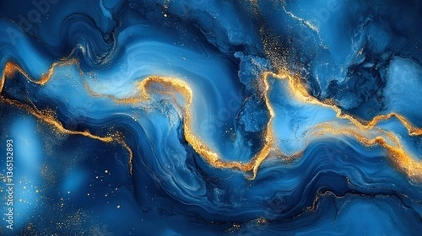 Fototapeta Abstract marble effect with blue creative colors and touches of gold.