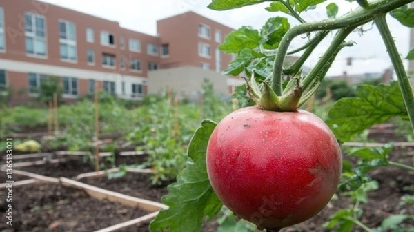 Fototapeta Fresh Red Tomato Growing in Urban Community Garden with Background Buildings and Green Vegetation