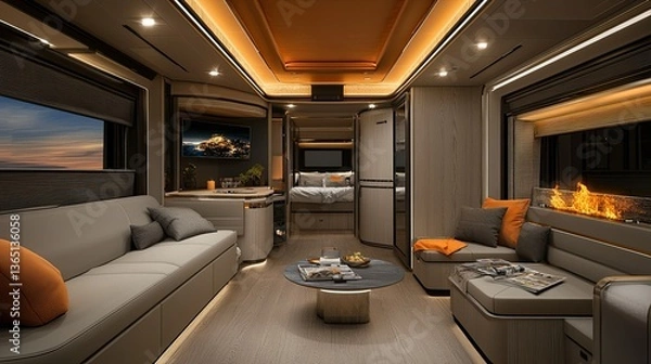 Fototapeta New Luxury RV Model Showcases Modern Design and Functional Features for Comfortable Road Trips